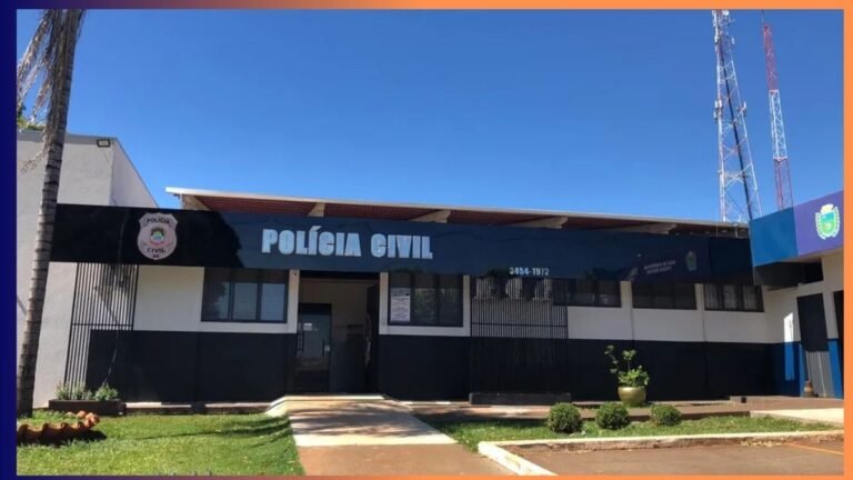 Front view of a Polícia Civil police station with a dark blue sign reading 'POLÍCIA CIVIL' over the entrance and landscaping in the foreground.