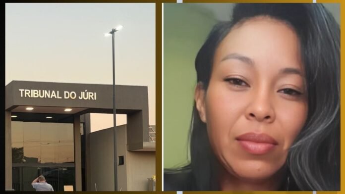 Split image: left shows a courthouse entrance labeled 'TRIBUNAL DO JÚRI'; right is a close-up of a woman with dark hair.