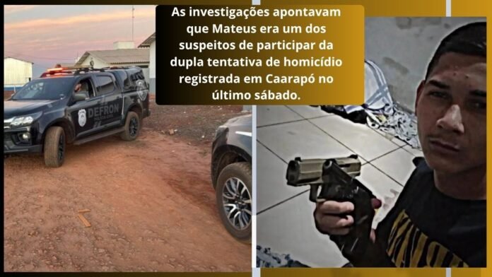 Colagem: carro da polícia em estrada de terra à esquerda e homem segurando uma pistola à direita; sobreposto: investigações apontam Mateus como suspeito de dupla tentativa de homicídio em Caarapó no último sábado.