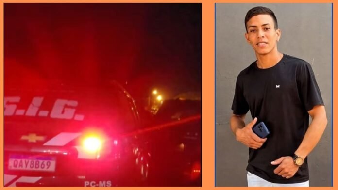 Two-panel image: left side shows a dark car with bright red emergency lights flashing at night; right side shows a young man in a black T-shirt holding a smartphone against a gray wall.
