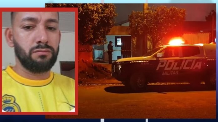 Portrait of a bearded man in a yellow shirt on the left, and a nighttime street scene with a Polícia Militar police SUV and flashing red lights on the right.