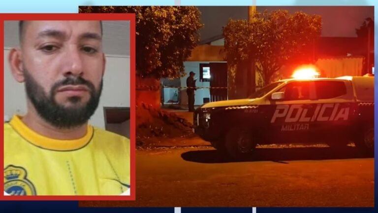 Portrait of a bearded man in a yellow shirt on the left, and a nighttime street scene with a Polícia Militar police SUV and flashing red lights on the right.