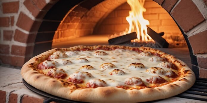 Pizza with melted mozzarella and pepperoni baking in a wood-fired brick oven.