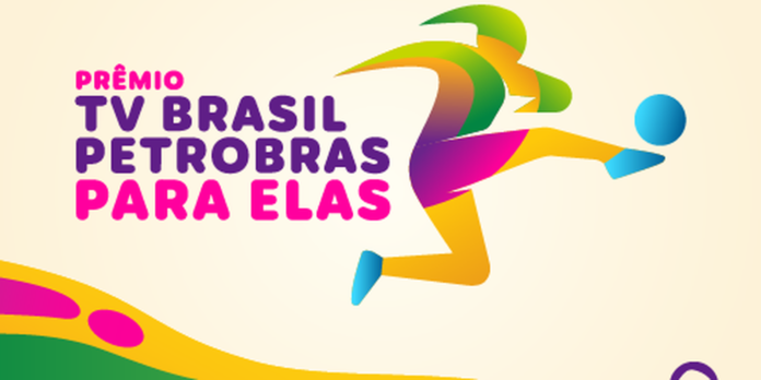 Logo for the Prêmio TV Brasil Petrobras para Elas, with a colorful abstract running figure beside bold pink and purple text.