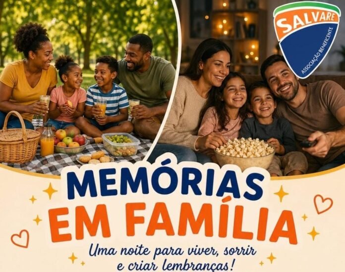 Collage promoting 'Memórias em Família': outdoor picnic with a family and an indoor movie night with popcorn, plus the Salvare logo in the corner.
