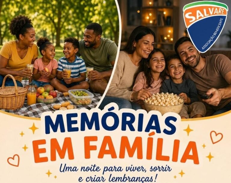 Collage promoting 'Memórias em Família': outdoor picnic with a family and an indoor movie night with popcorn, plus the Salvare logo in the corner.