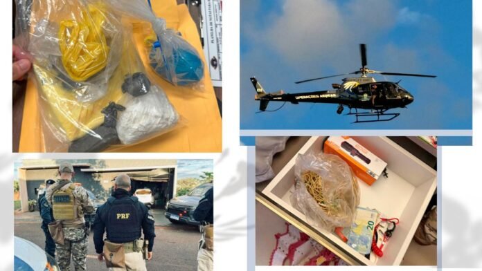 Collage showing a bag with white powder and packaged items on an orange surface, a police helicopter in flight, officers in tactical gear outside a building, and an open drawer containing a plastic bag and cash.