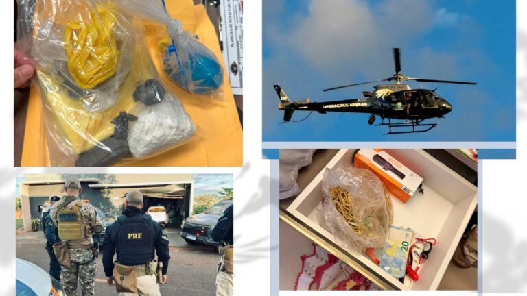 Collage showing a bag with white powder and packaged items on an orange surface, a police helicopter in flight, officers in tactical gear outside a building, and an open drawer containing a plastic bag and cash.