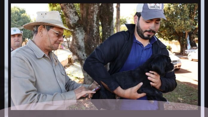 Two men vaccinating or treating a small black dog outdoors, with one man administering an injection and the other holding the dog steady under trees in a park-like setting.