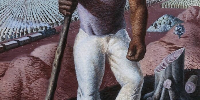 Man holding a wooden staff, standing on a reddish, painted landscape, wearing white pants and a dark shirt.