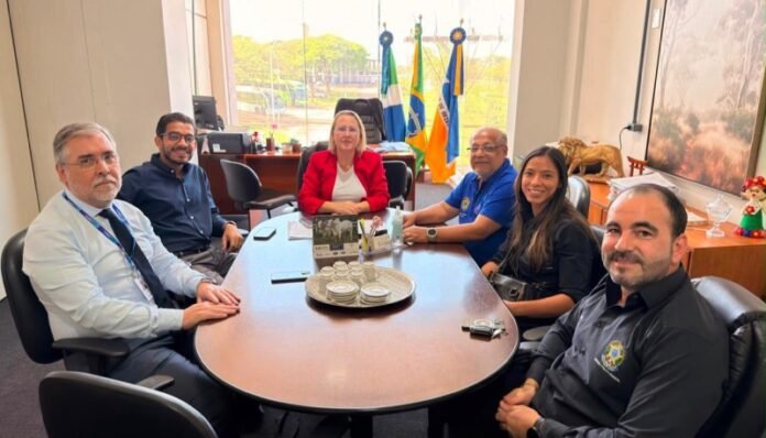 Six professionals sit around a circular conference table in office, smiling for the photo with flags in the background.