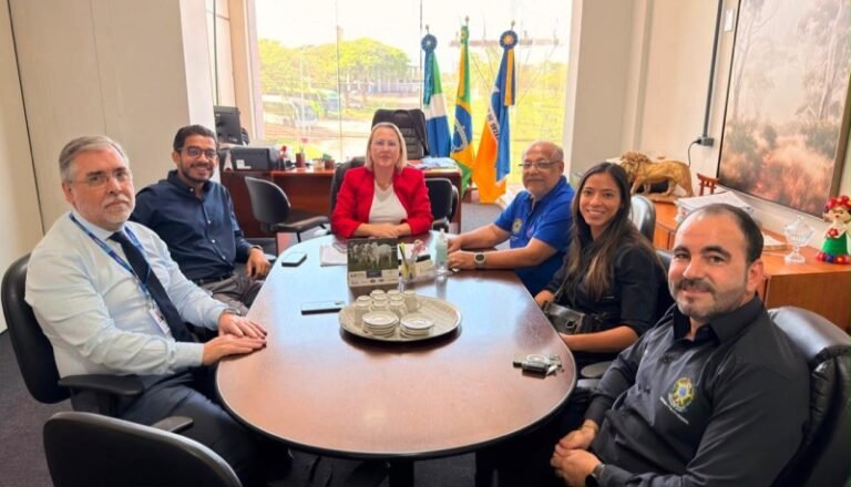 Six professionals sit around a circular conference table in office, smiling for the photo with flags in the background.
