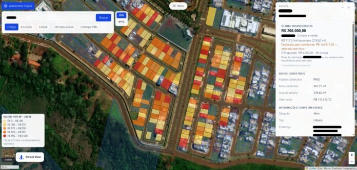 Aerial view of a parcel-by-plot urban development with colorful rectangular lots; map controls appear at the top left and a white data panel sits on the right side, showing transfer details.