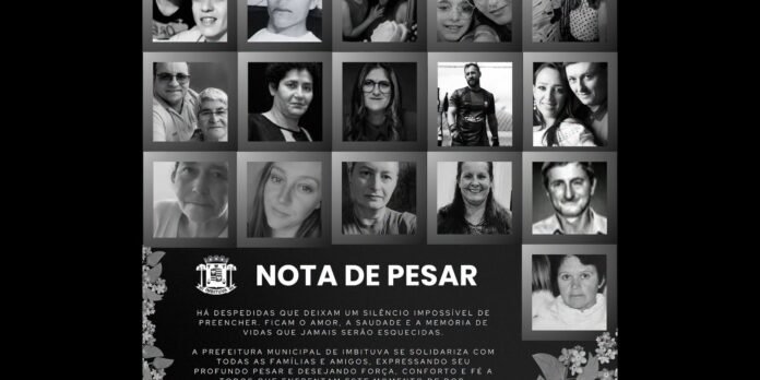 Mosaic of black-and-white portrait photos around a dark banner that says 'NOTA DE PESAR' with a condolence message from the Municipal Government of Imbituva, plus decorative flowers.