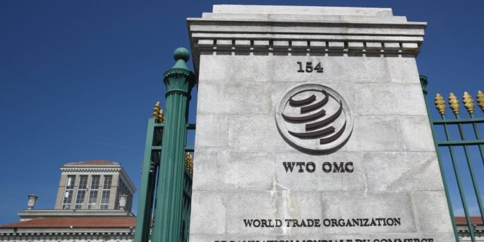 Stone monument at the WTO entrance displaying a circular emblem and the text 'WORLD TRADE ORGANIZATION', with a green iron fence and a clear blue sky.
