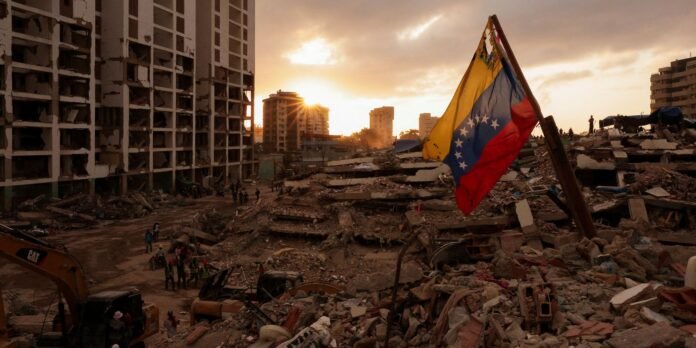 Sunset over a rubble-filled cityscape with ruined buildings, a CAT excavator on the left, and a Venezuelan flag waving among the debris.