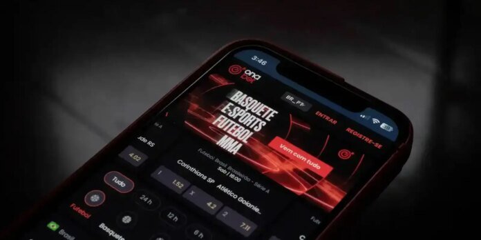 Close-up of a mobile app screen for sports (Portuguese) with red neon graphics and a dark UI scheme.