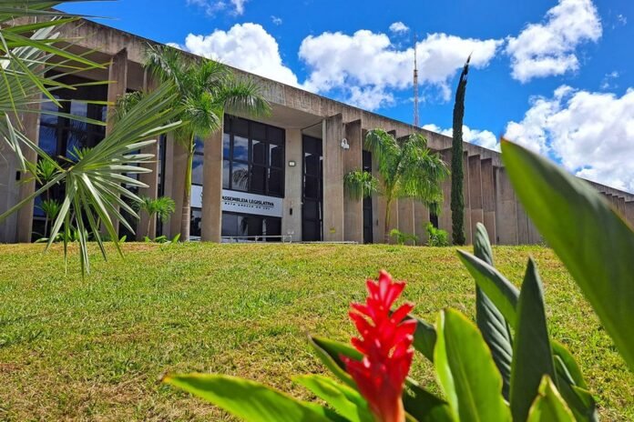 A government building with tall concrete columns, surrounded by palm trees and a grassy lawn, bright blue sky above and red tropical flowers in the foreground.