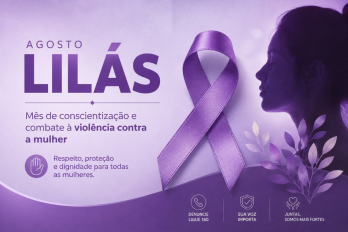 Poster promotional image for a women’s safety awareness month with a purple ribbon and silhouette of a woman, text in Portuguese about combatting violence against women.