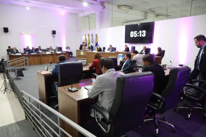 Formal meeting in a bright conference room with participants seated around U-shaped desks, flags in the back, and a large digital timer showing 05:13.