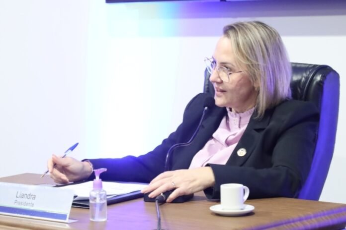 Professional woman in a blazer seated at a conference table, speaking into a microphone with a pen and papers, nameplate Liandra Presidente visible.