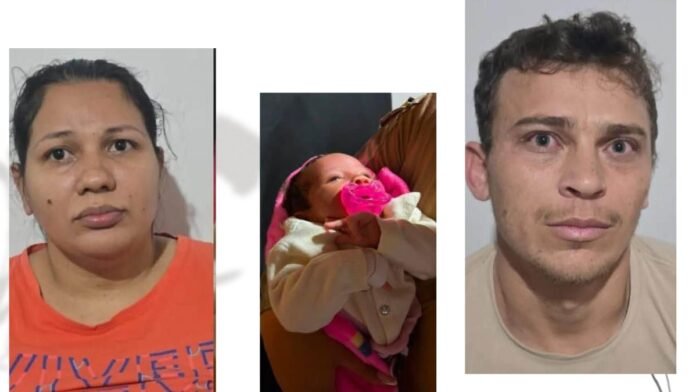 Three head-and-shoulders portraits: left a woman in an orange shirt, middle a baby in a white outfit with a pink pacifier, right a man with short hair and a light-colored shirt