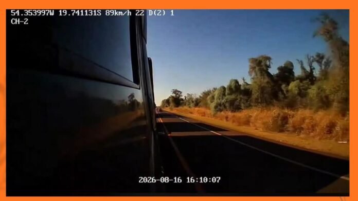 Dashcam view from a moving vehicle on a rural highway; speed 89 km/h, timestamp 2026-08-16 16:10:07.
