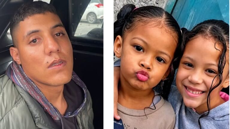Left image: man with short dark hair and braces sits in a car, wearing a green quilted jacket and scarf, looking at the camera at the lens edge. Right image: two young girls pose together; one puckers her lips while the other smiles, in front of a blue wall.