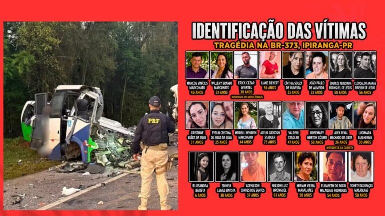 Road crash scene with a damaged bus and a PRF officer; to the right, a red poster showing many victim headshots and names.