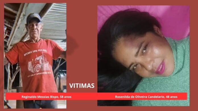 VITIMAS: lado esquerdo, Reginaldo Messias Bispo, 58 anos, em camiseta vermelha sob abrigo; lado direito, Rosenilda de Oliveira Candelario, 48 anos, deitada com cabeça inclinada sobre fundo rosa, usando suéter verde. Faixa vermelha com os nomes e idades.