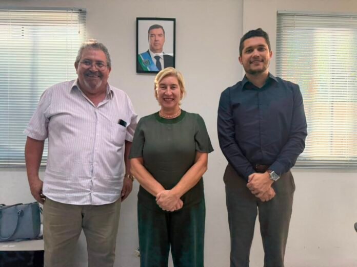 Three colleagues pose for a casual office photo: a man in a light striped shirt, a woman in a green dress, and a man in a dark shirt, standing by windows with a framed portrait behind them.