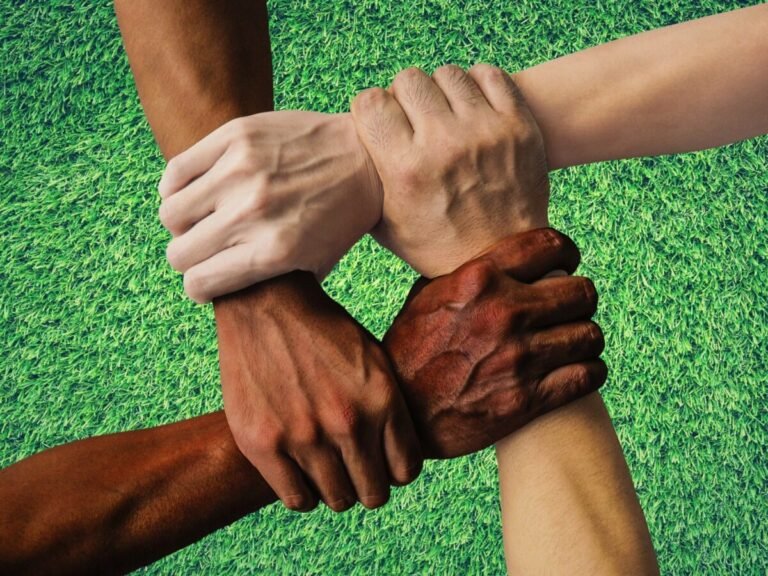 Diverse hands clasped in a circle on a green grass background, symbolizing teamwork and unity beneath their joined grips.