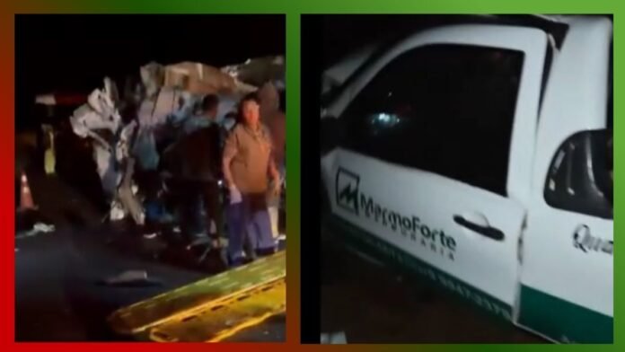Nighttime roadside scene with a person near piled debris and emergency lights suggestive of an accident. Left panel shows wreckage and responders. Right panel shows a white van with green stripe and logo partially visible.