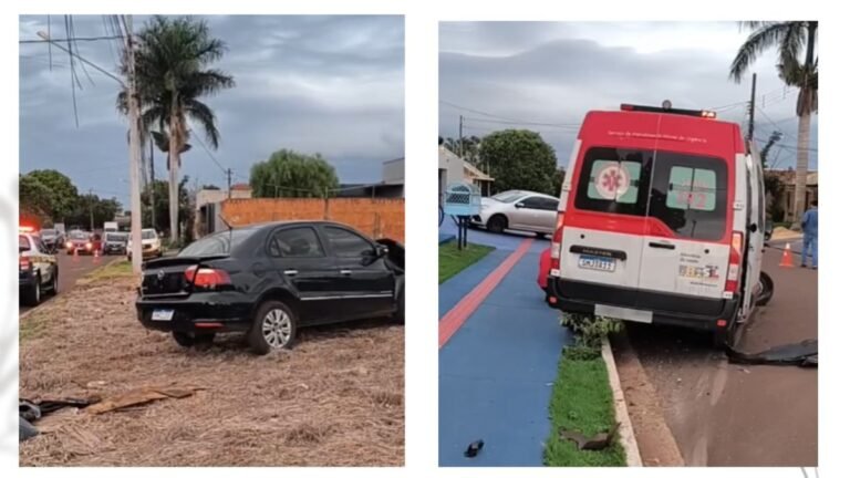 Left: black sedan off the roadway in a dirt patch with rear damage; emergency vehicles visible in the distance. Right: red-and-white ambulance parked on a blue bike lane/curb area, with traffic cones and palm trees in the background.