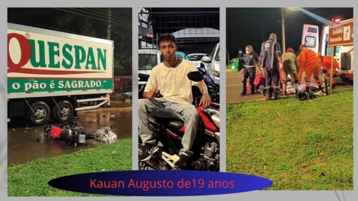 Collage of a nighttime motorcycle crash: left shows a truck with a large 'QUESPAN' sign and a fallen motorcycle, center a young man on a red bike, right emergency responders by an ambulance; overlay reads 'Kauan Augusto de 19 anos'