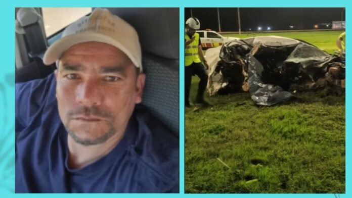 Left: man in a blue shirt wearing a light-colored cap, taking a selfie inside a vehicle. Right: a severely damaged car off the road on grass at night, with emergency responders nearby.