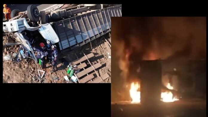 Split image: left shows an overturned trailer and rescuers at the wreck; right shows flames and smoke from a burning structure at night.