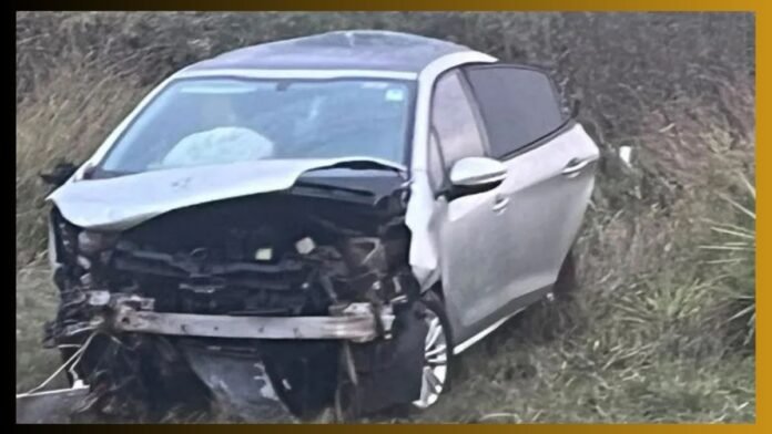 White SUV with major front-end damage sits off the road in tall grass, the left side crumpled and exposed engine area visible