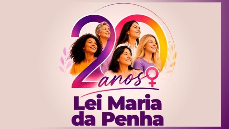 Celebration banner for 20 years of Lei Maria da Penha featuring diverse women smiling.