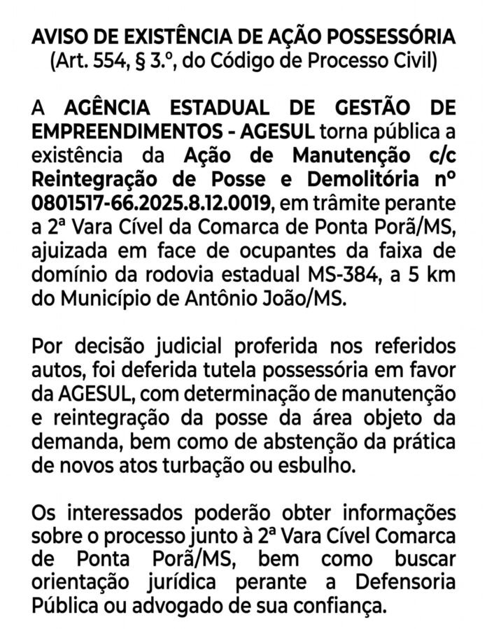Aviso público sobre existência de ação possessória movida pela AGESUL contra ocupantes da faixa de domínio da rodovia MS-384 em Ponta Porã, MS.