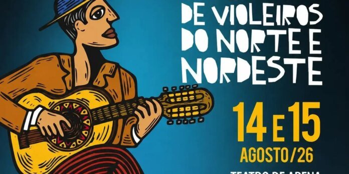 Colorful poster showing a stylized guitarist against a blue background, announcing a music festival on August 14–15 (Portuguese text on right).