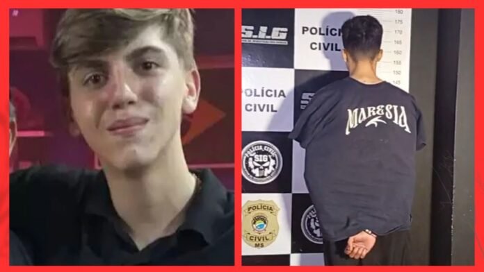 Split image: left a young man smiling at the camera; right a man shown from the back in a grey shirt in front of a police lineup backdrop.