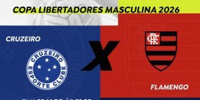 Copa Libertadores Masculina 2026 banner: Cruzeiro vs Flamengo, blue left with Cruzeiro logo and red right with Flamengo crest.