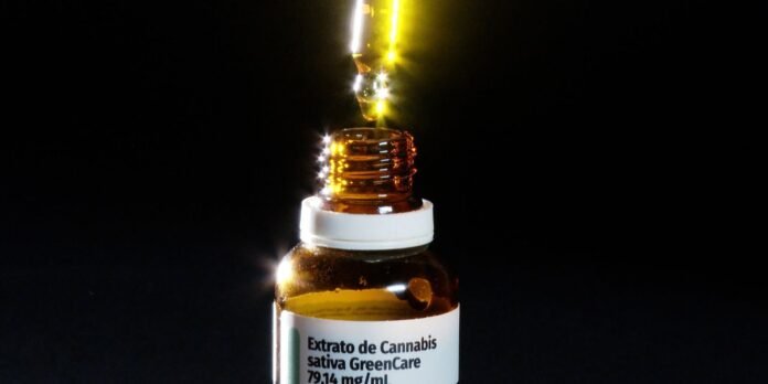 Dropper releasing yellow cannabis extract into a brown bottle with a white cap; label reads 'Extrato de Cannabis sativa GreenCare 79.14 mg/mL'