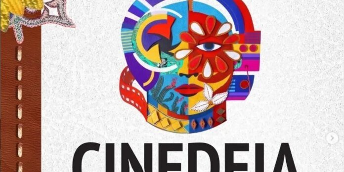 Colorful collage skull graphic on a light textured background with a leather strap on the left side, like a poster design.