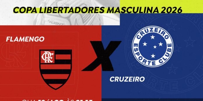 Copa Libertadores 2026 banner showing Flamengo emblem on red left and Cruzeiro logo on blue right, split by a bold black X.