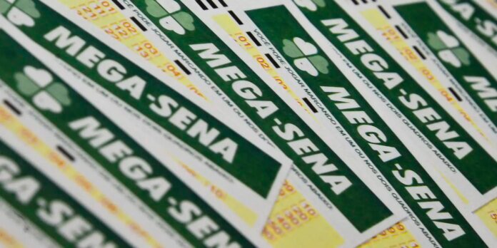 Fanned overlapping Mega-Sena lottery coupons in green and white.