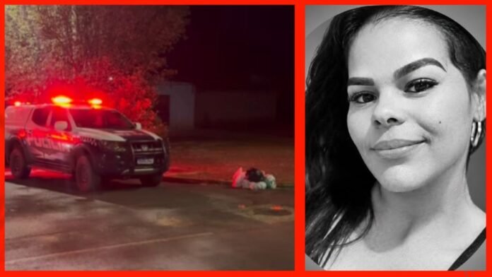 Split image: left shows a police SUV with red emergency lights at night and a person on the ground; right is a grayscale portrait of a smiling woman.