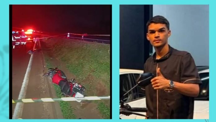 Two-panel image: left shows a red motorcycle on a roadside at night with police tape and flashing emergency lights; right shows a young man in a dark shirt giving a thumbs-up beside a white car.