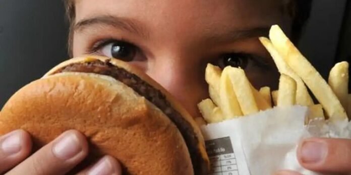 Close-up of a person holding a hamburger and a paper bag of French fries up to their face, eyes visible above the food.